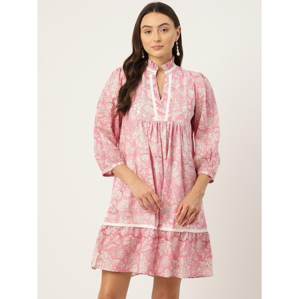 Midi Dress,Mini Dress, Floral Long Block Print Dress Pink Floral Size S